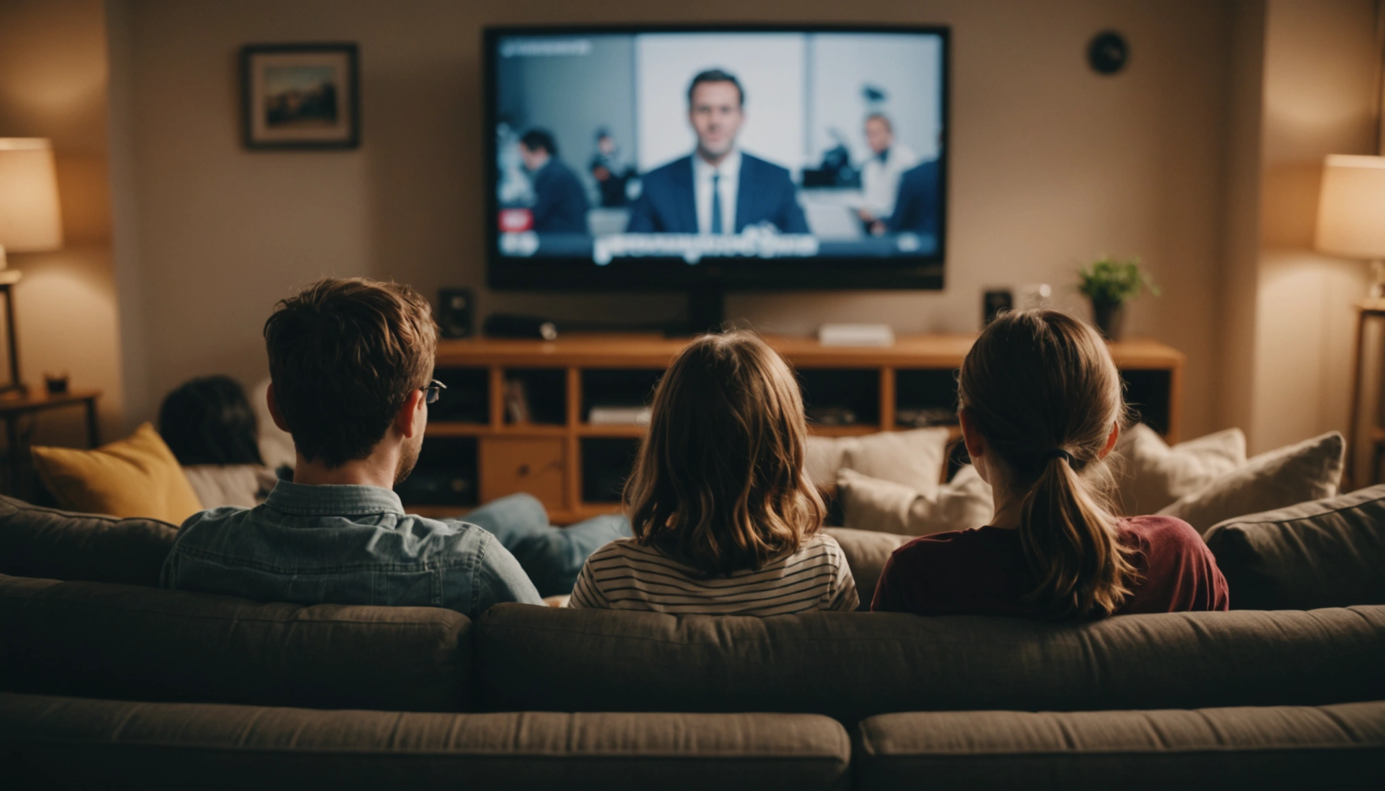 family sitting on couch enjoying tv
